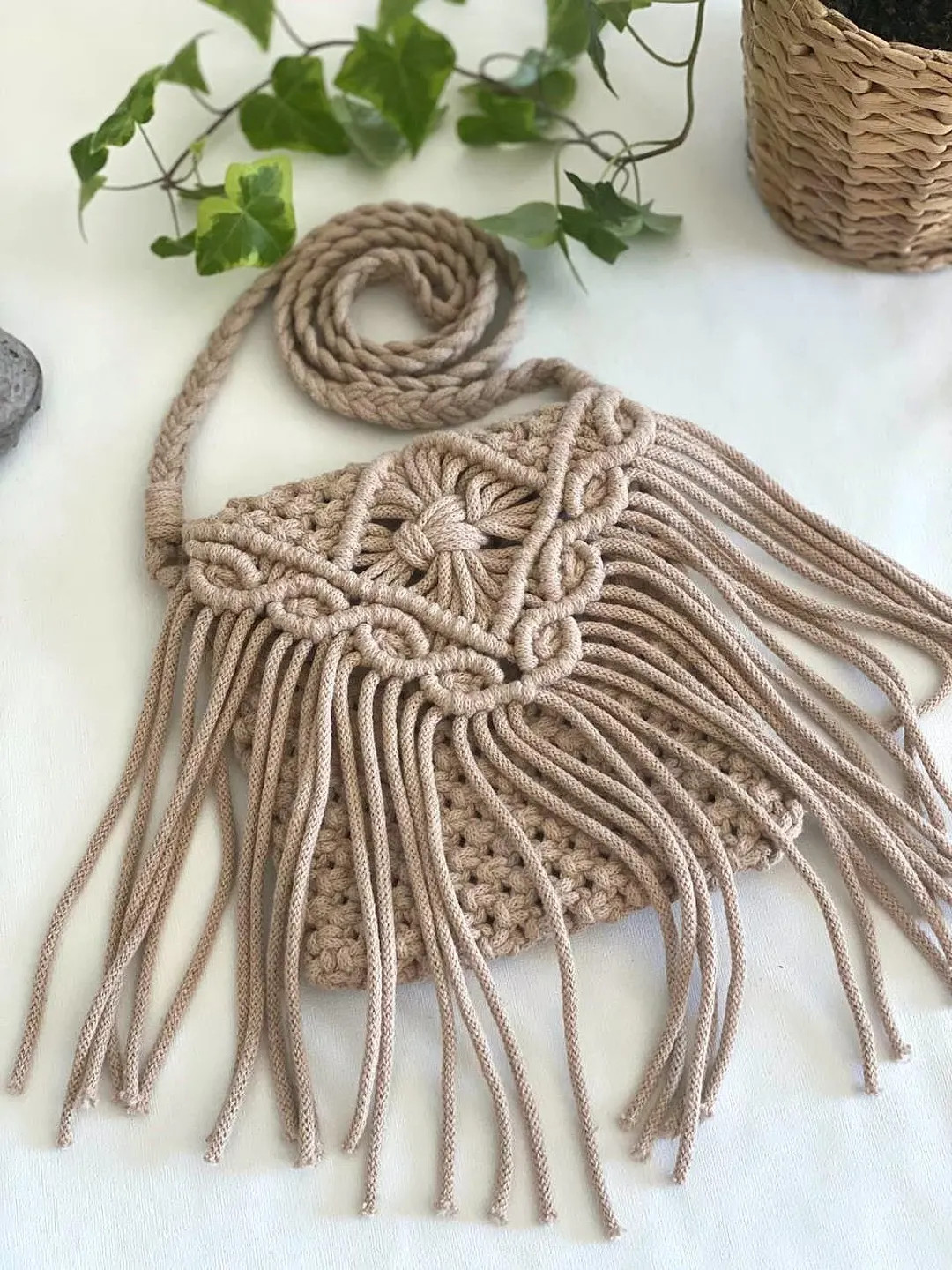 Handmade Macrame Crossbody Bag | Small Beige Boho Purse | Cotton Fringe Shoulder Bag | Festival B... | Etsy (US)