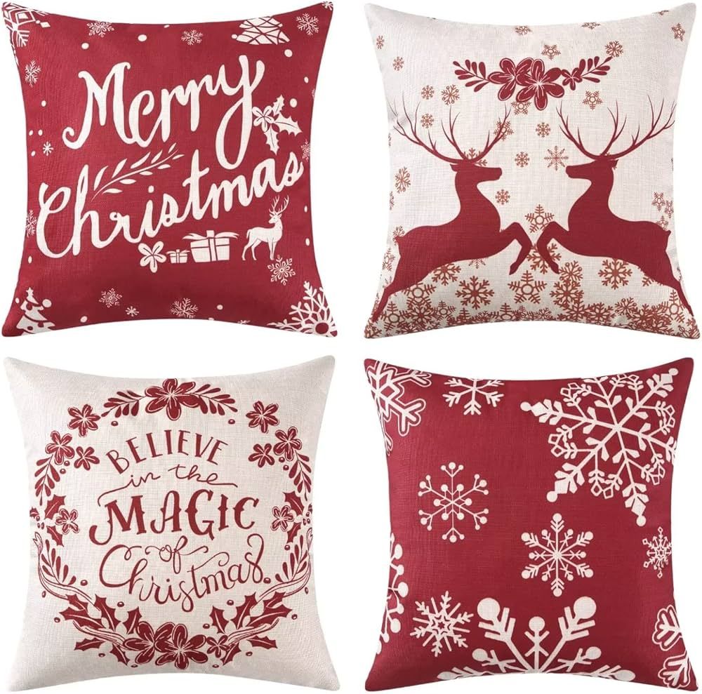 GlowSol Red Christmas Linen Pillow Cases 4 pcs 18×18, Snowflake Deer Printed Decorative Throw Pi... | Amazon (US)