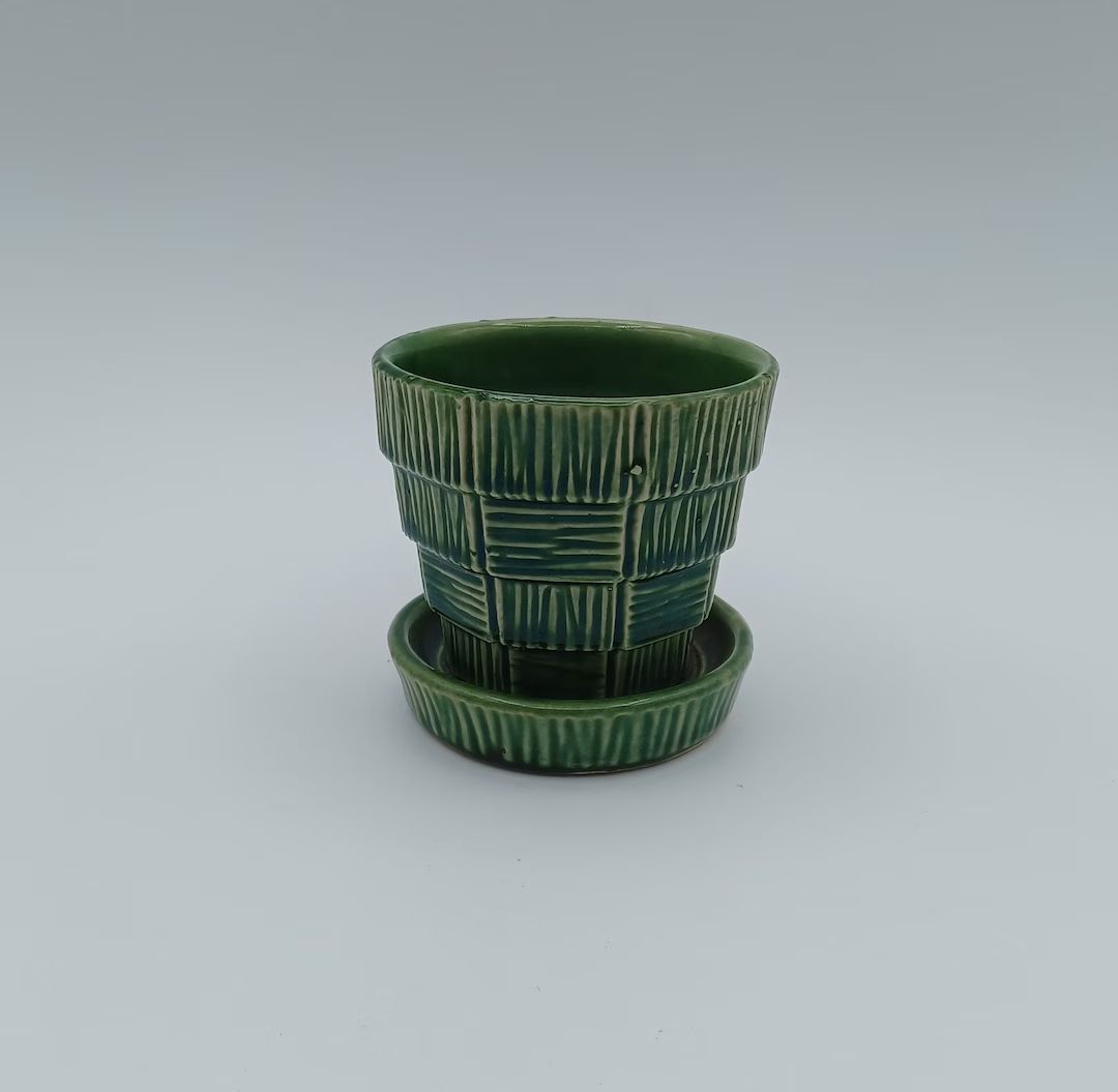 Mccoy Green Basketweave Flower Pot - Etsy | Etsy (US)
