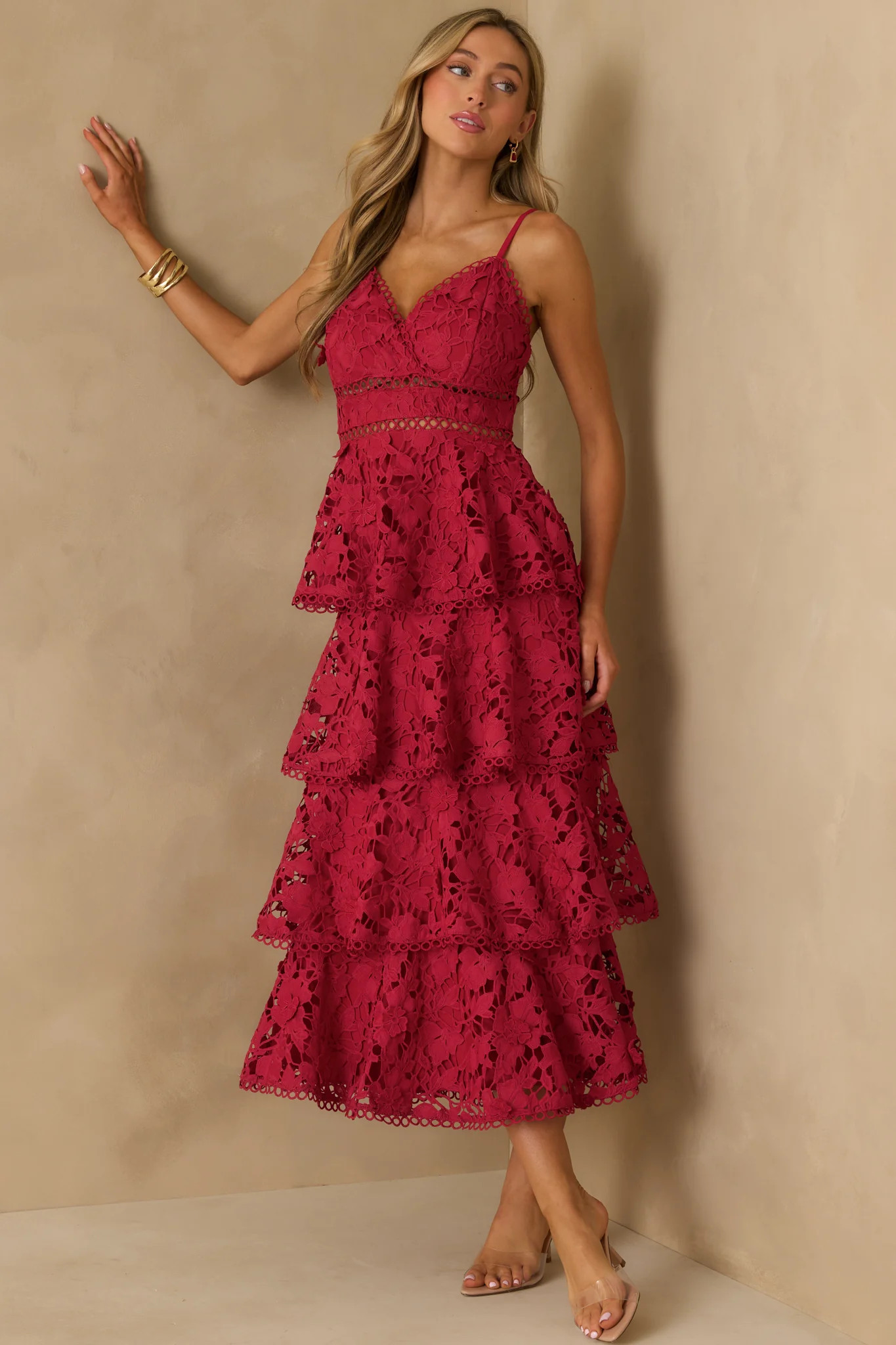 Got My Attention Red Floral Guipure Lace Tiered Maxi Dress | Red Dress