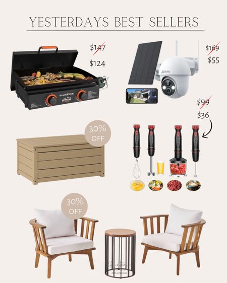 Yesterdays Best Sellers 
Solar security camera / blackstone adventure ready burner / patio chair set with side table / hand bender / outdoor coffee table with storage 

#LTKSaleAlert #LTKHome