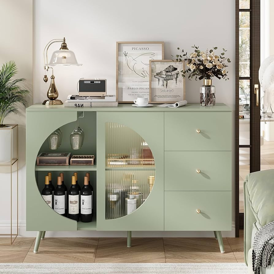 Coffee Bar Cabinet with Fluted Glass Door, Modern Cream Style Buffet Sideboard with Wine Glass Ra... | Amazon (US)