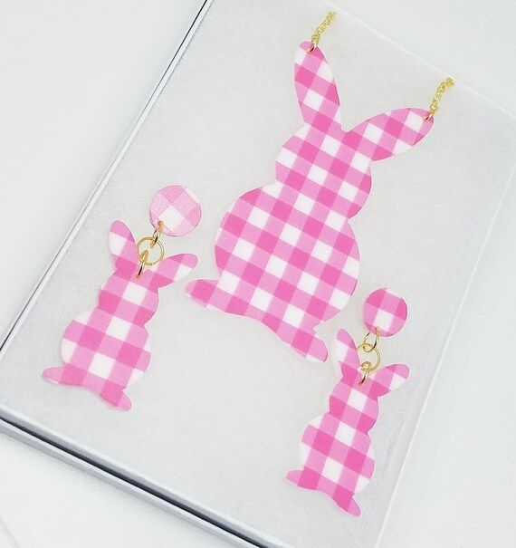 Larege Pink Gingham Bunny Earring Necklace Pattern Set | Etsy (US)