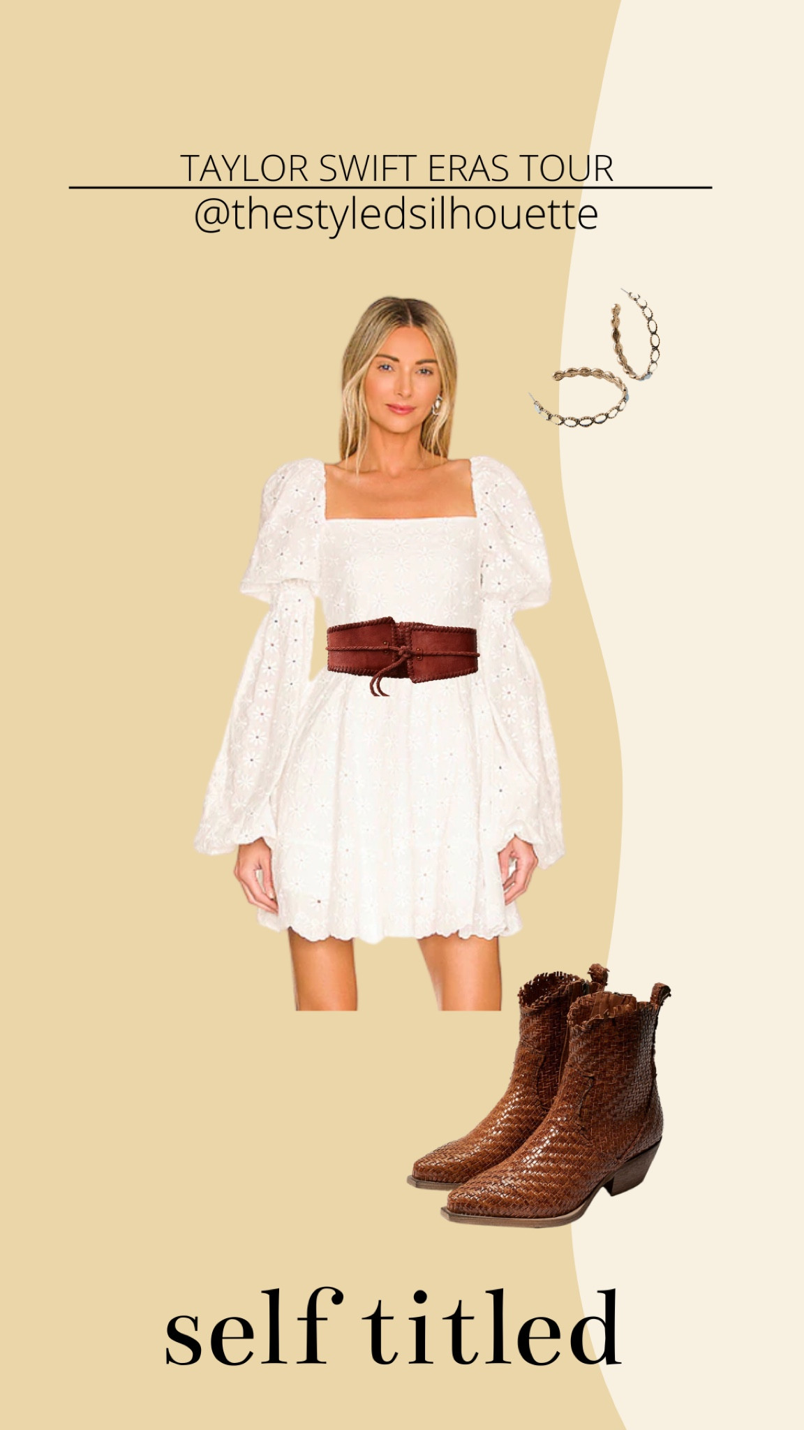 Taylor Swift eras tour outfit//  self titled// White Long sleeve dress// western belt// woven cowgirl boots// Western earrings

#LTKSeasonal #LTKstyletip