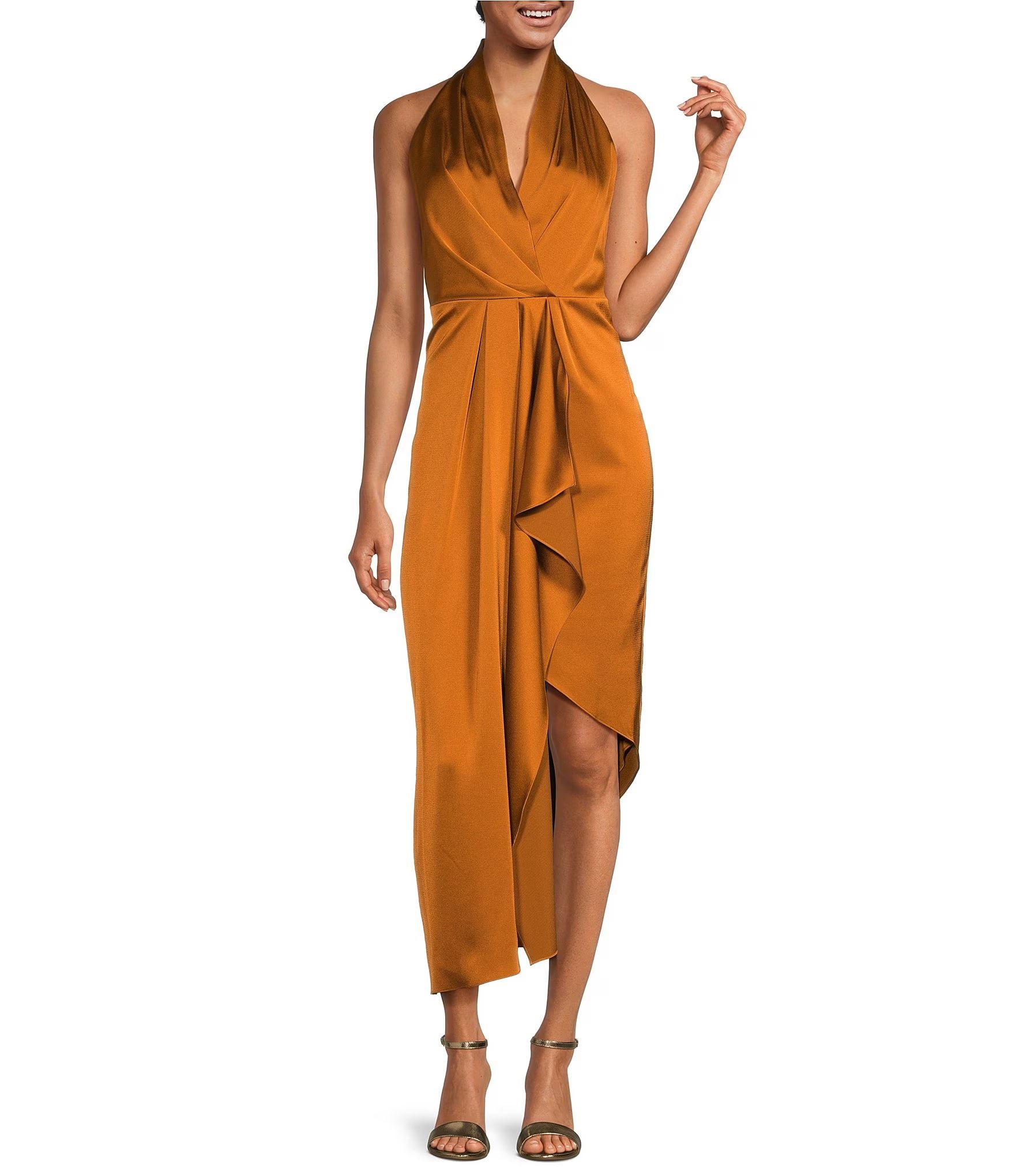 Alex Marie Hazel Surplice V-Neck Sleeveless Satin Asymmetrical Hemline Midi Dress | Dillard's | Dillard's