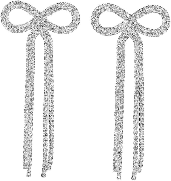 fxmimior Women Bridal Silver Bow Rhinestone Earrings Dangling for Women Chandelier Statement Tass... | Amazon (US)
