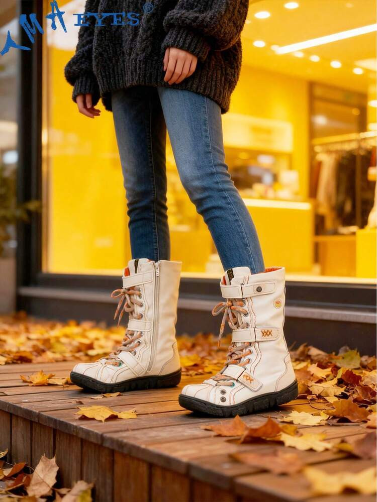 1 Pair TMA EYES Vintage Handmade Stitching & Handcrafted Leather+PU Splicing Distressed Upper, PU Faux Fur Lining, Jacquard Shoelace, Hook And Loop Closure, Side Zipper, Non-Slip Comfortable Cold-Proof Outdoor Casual Plus Size Wide Fit Women Boots | SHEIN