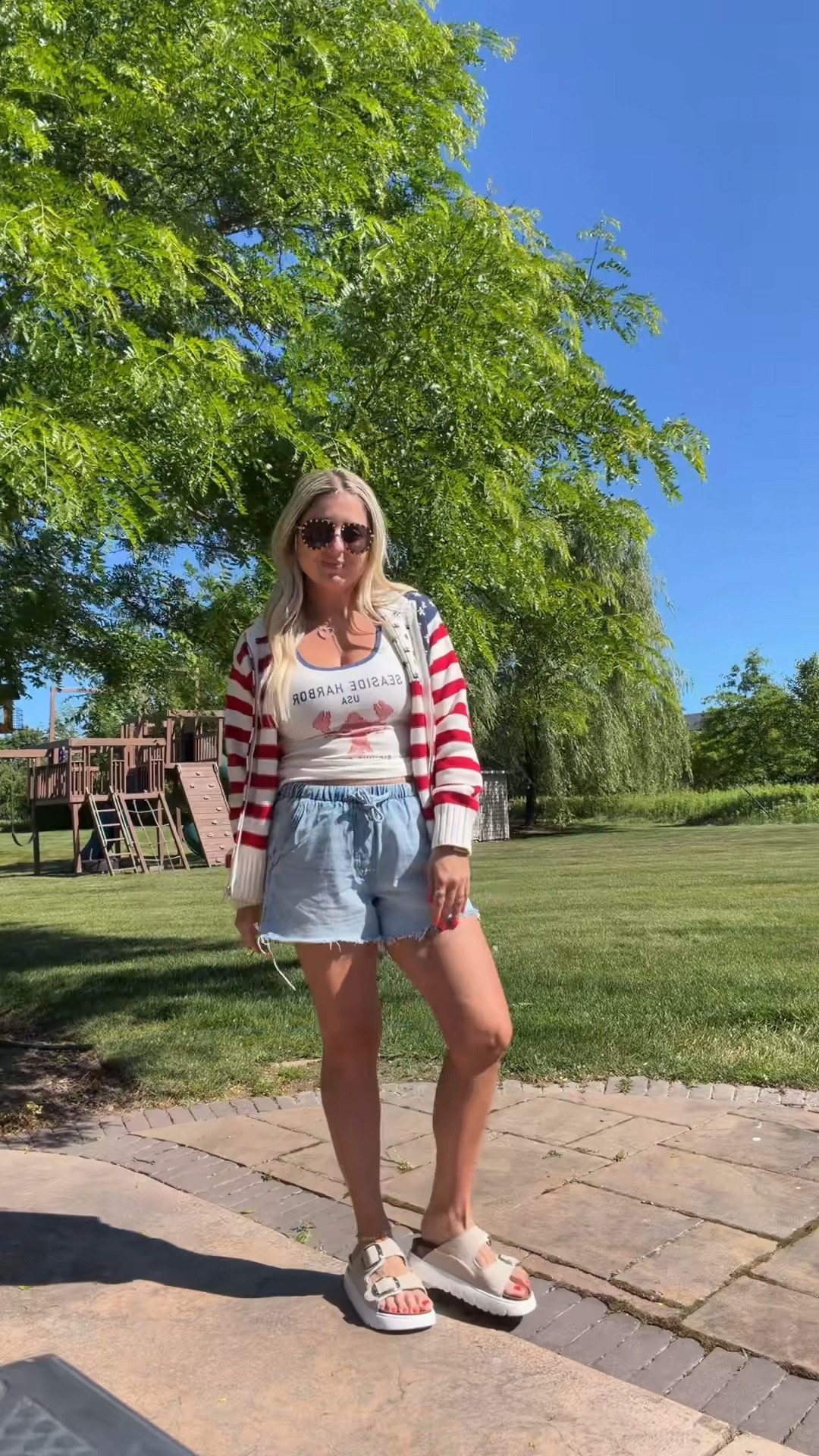 Summer outfit
M cardigan 
Xs tank
Small shorts 
Sandlas tts 
4th of July outfit

#LTKootd