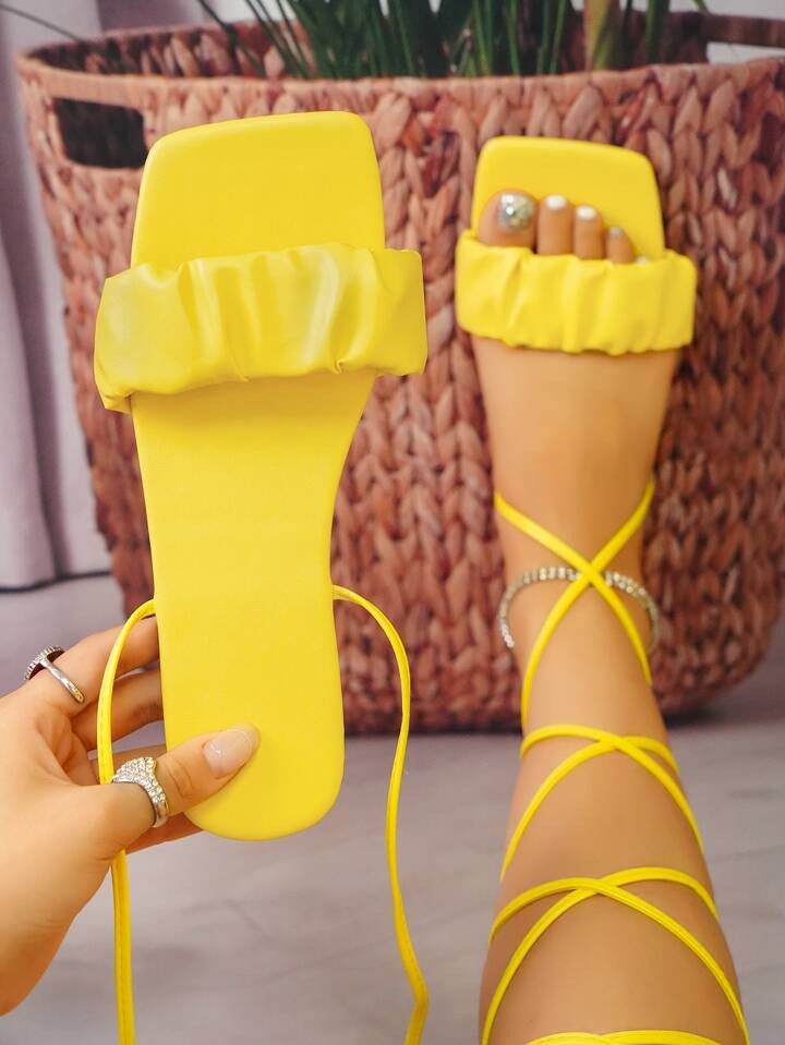 Women Ruched Detail Open Toe Tie Leg Design Strappy Sandals, Funky Bright Color Party Lace Up Fla... | SHEIN