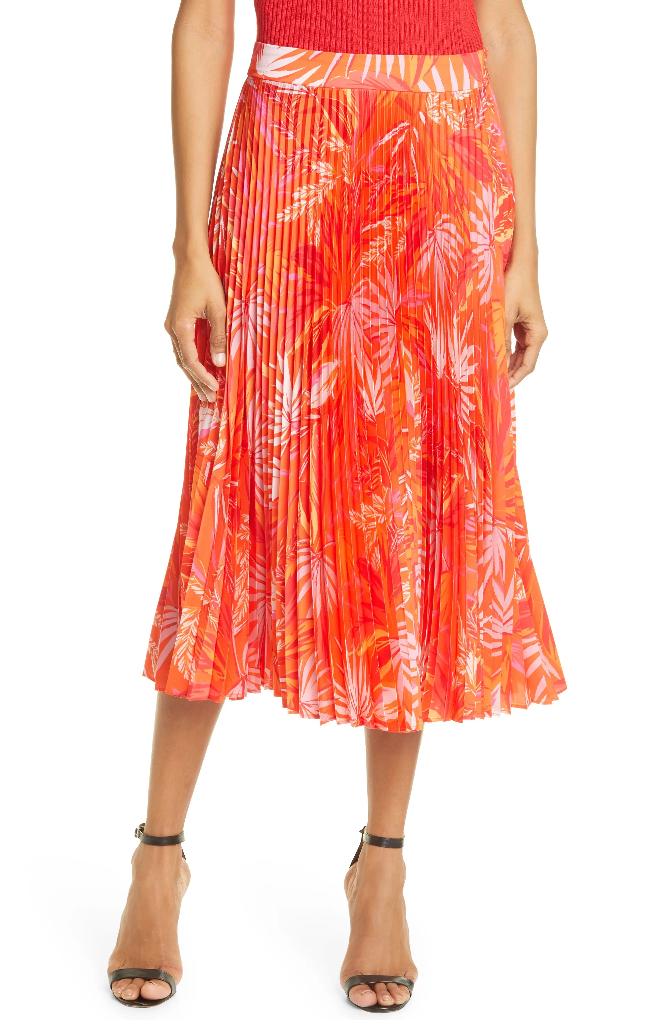 Women's Milly Tropical Palm Pleated Skirt, Size 8 - Orange | Nordstrom