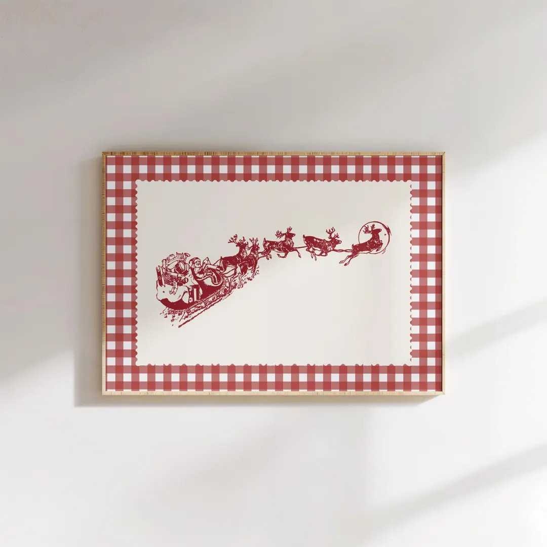 Vintage Santa Sleigh Christmas Print, Red Retro Xmas Decor, Reindeer Sleigh Printable Poster - Et... | Etsy (US)