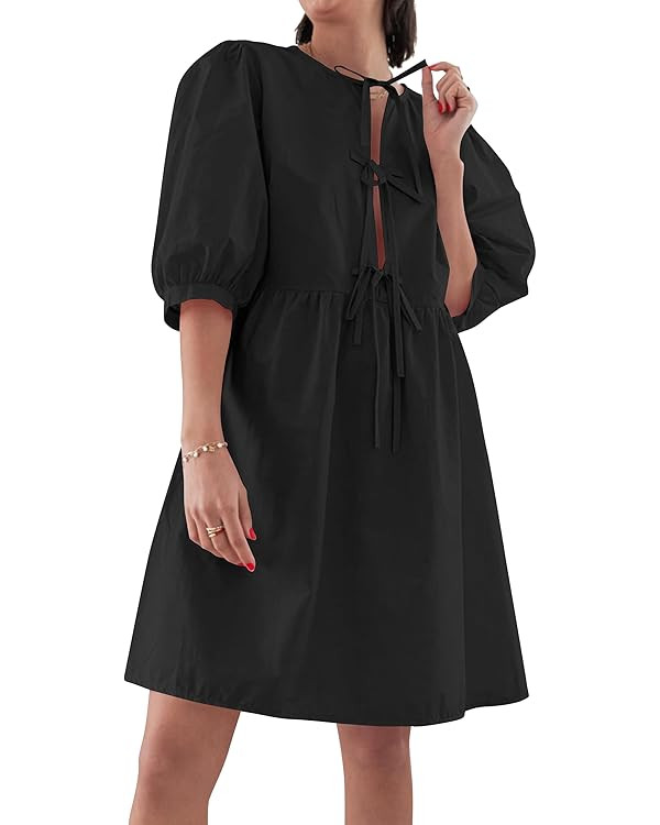 Women Y2K Babydoll Peplum Dress Puff Sleeve Bow Tie Front Summer Cute Trendy Low Cut Blouse Dress... | Amazon (US)