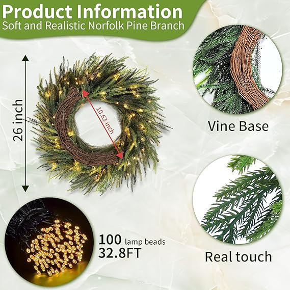 Christmas Decorations - 26 Inch Real Touch Norfolk Pine Wreath with LED Light, Christmas Wreath f... | Amazon (US)