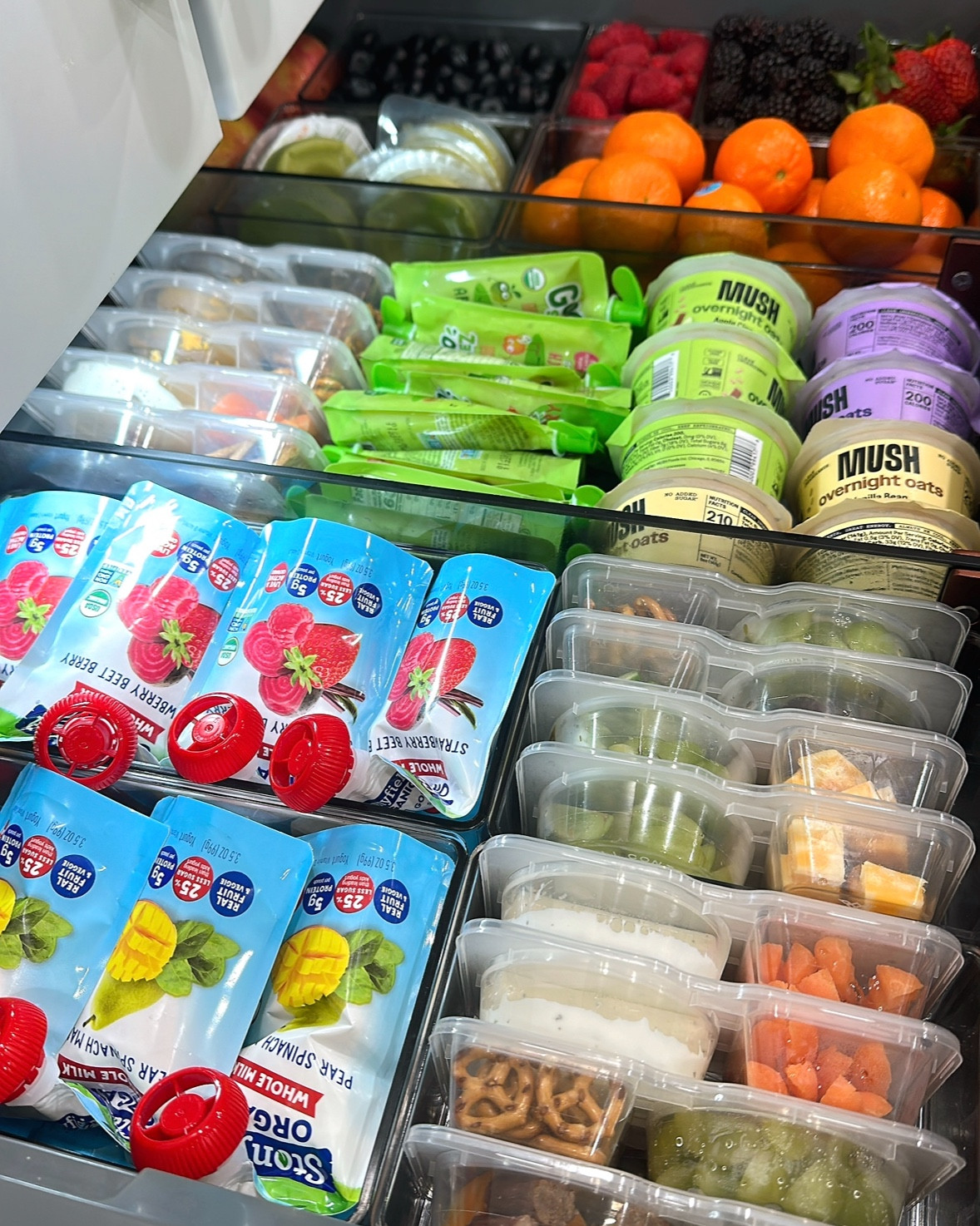 Toddler Snack Drawer
-Stoneyfield Yogurt Pouches
-GoGo Squeeze Applesauce Pouches
-Mush Overnight Oats
-Mandarins
-Mixed Berries
-Guacamole
-Mini Snack Trays
