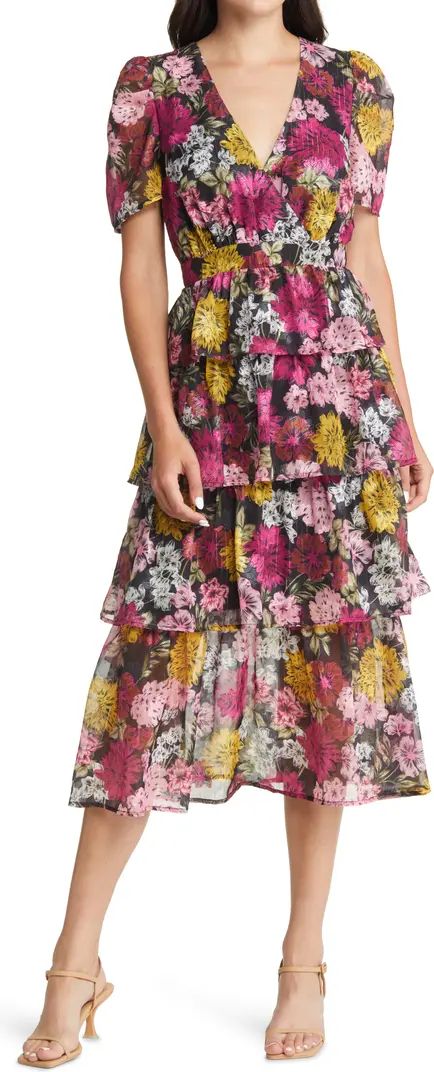 Eliza Floral Print Puff Sleeve Tiered MIdi Dress | Nordstrom