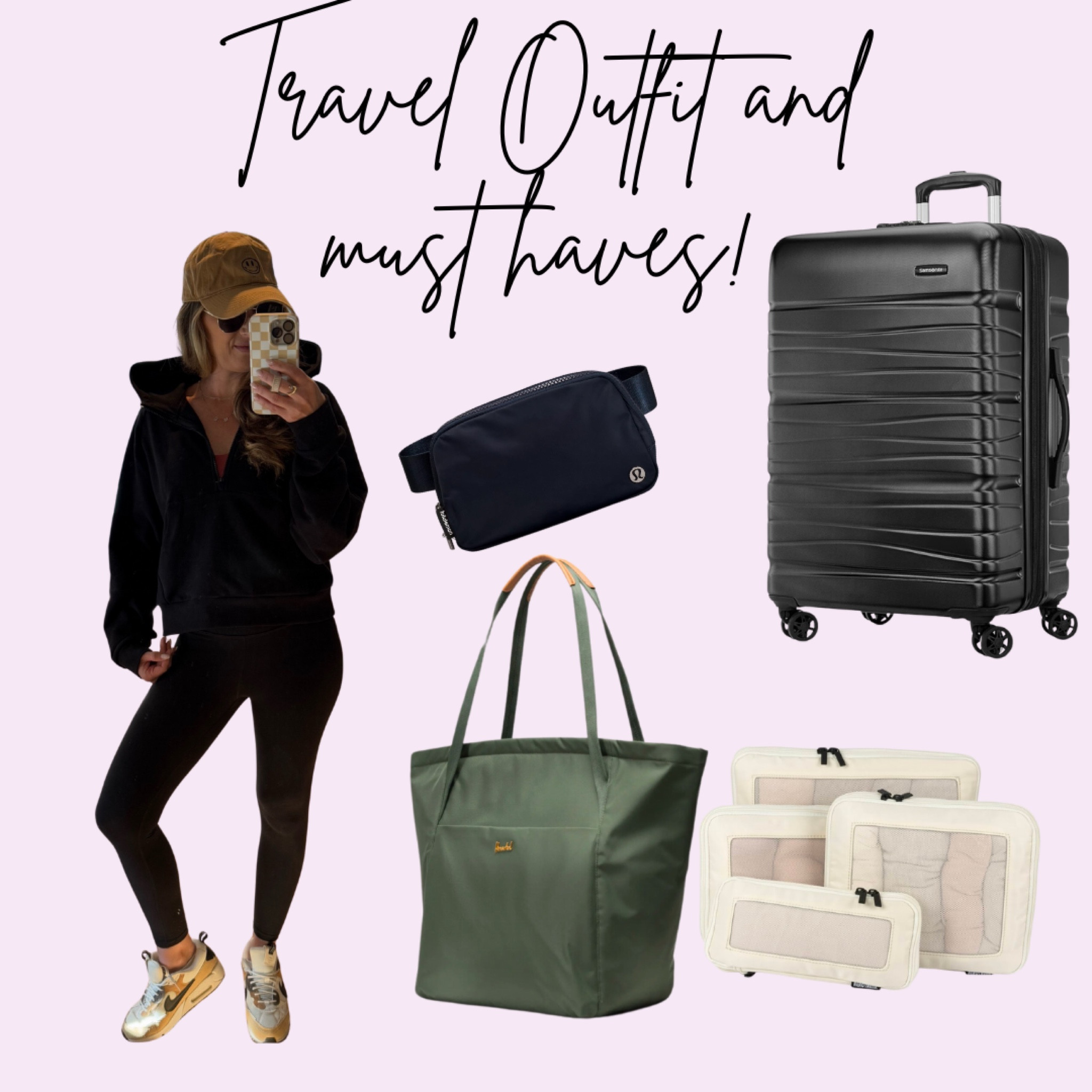 The most comfy travel out and this green bag is huge and has very comfy straps! It even has a side pocket that can open up to slide over your rolling suitcase!!! Love my hard expandable suitcase and packing cubes that compress down!! 

#LTKTravel #LTKActive #LTKFitness