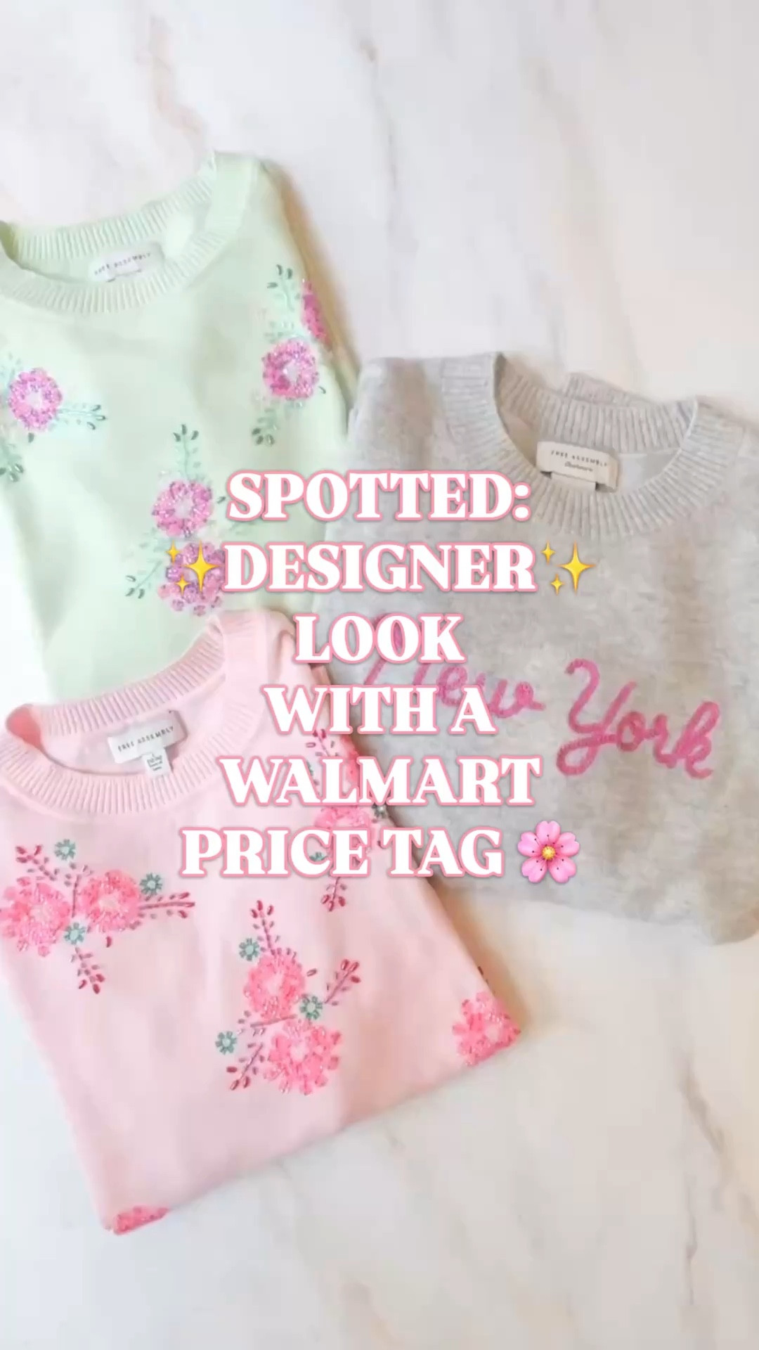 Walmart sweaters, designer sweater look for less, Oscar de la Renta inspired sweater, Lingua Franca look for less, cashmere sweater women, beaded floral sweater, spring sweater women
Walmart just dropped designer sweater energy… without the designer price tag.
The beaded floral short sleeve sweaters are giving Oscar de la Renta-inspired spring knitwear for a fraction of the $2,290 designer version. The pastel colors, puff sleeves, scattered floral beading, and polished sweater shape all have that expensive knit look women usually have to pay designer prices to get.
Then there is the gray New York sweater, which has that Lingua Franca embroidered cashmere look for dramatically less. Lingua Franca cashmere sweaters are often around $380, and this one is 100% cashmere for $45. Not a typo. 
Walmart is giving designer-inspired details, polished spring styling, the expensive feeling, and in the New York sweater’s case, actual 100% cashmere, without the designer price jumpscare.
Why I immediately added to cart:
 ✨ Oscar de la Renta-inspired floral beading
 ✨ Lingua Franca-style embroidered cashmere
 ✨ puff sleeves
 ✨ lightweight spring knit
 ✨ 60% cotton, 40% modal floral sweaters
 ✨ 100% cashmere New York sweater
Wear them with white denim, jeans, shorts, skirts, flats, sandals, or sneakers for brunch, lunch, casual office days, spring trips, church, coffee runs, and everyday outfits.
If you love designer look for less finds, Walmart fashion finds, pretty spring sweaters, cashmere sweaters, embellished knitwear, and expensive-looking pieces that don’t cost like it, these belong in your spring wardrobe.
Walmart sweaters, Walmart fashion finds, Free Assembly sweater, designer sweater look for less, Oscar de la Renta inspired, Lingua Franca look for less, cashmere sweater women, 100 cashmere sweater, beaded floral sweater, spring sweater women, puff sleeve sweater, embellished sweater, floral sweater women

#LTKFindsUnder50 #LTKFindsUnder100 #LookForLess #LinguaFranca #CashmereSweater #SpringOutfit #PreppyStyle #WalmartStyle #WalmartFinds

#LTKWorkwear #LTKOver40 #LTKSeasonal