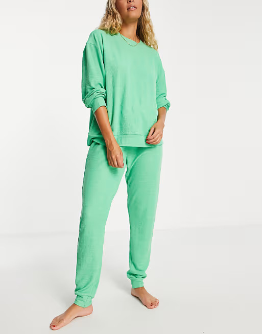 ASOS DESIGN lounge lightweight slubby sweat & jogger set in green | ASOS (Global)