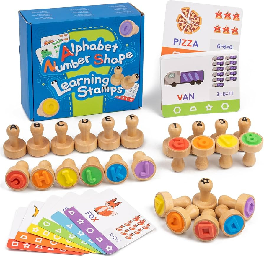 Alphabet Number Stamps for Kids, Wooden ABC Spelling Letter Stampers Set with Flashcard Mathemati... | Amazon (US)