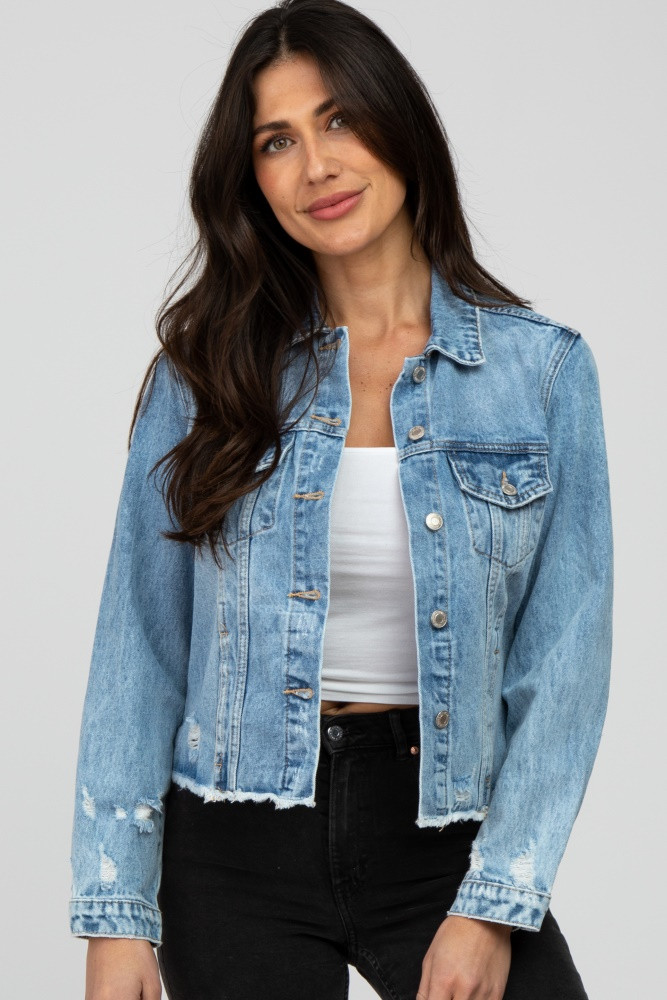 Blue Distressed Cropped Denim Jacket | PinkBlush Maternity