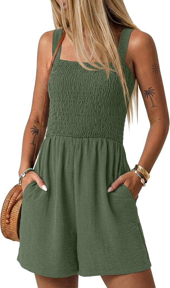 Womens Rompers for Summer Casual Smocked Jumpers Overalls Square Neck Jumpsuits with Pockets Beac... | Amazon (US)