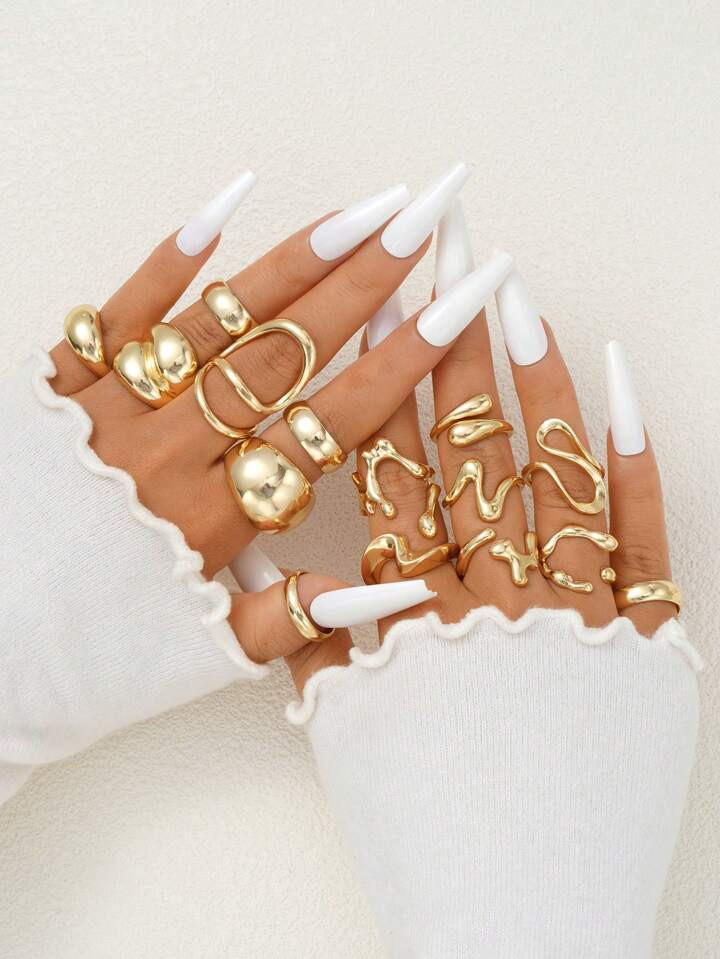 15pcs Set Exaggerated Asymmetrical Fluid Design Rings For Women, Daily Wear, Casual, Date, Birthday Gift | SHEIN