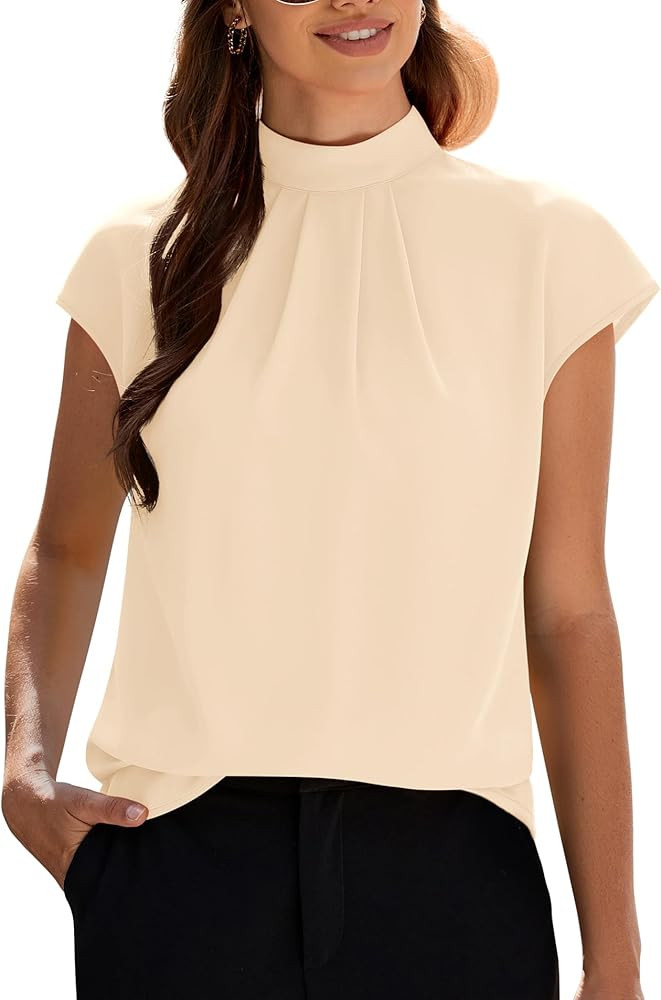 Funlingo Womens Summer Tops Mock Neck Short Cap Sleeve Blouses Business Casual Work Chiffon Shirt... | Amazon (US)