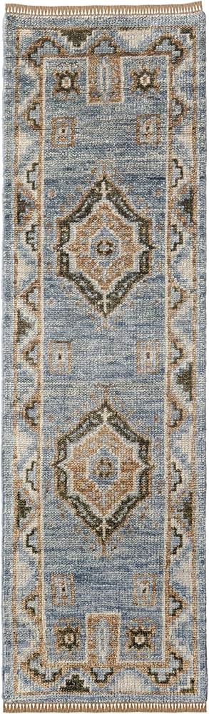 10' Ivory Tan and Blue Wool Oriental Hand Knotted Runner Rug with Fringe | Amazon (US)
