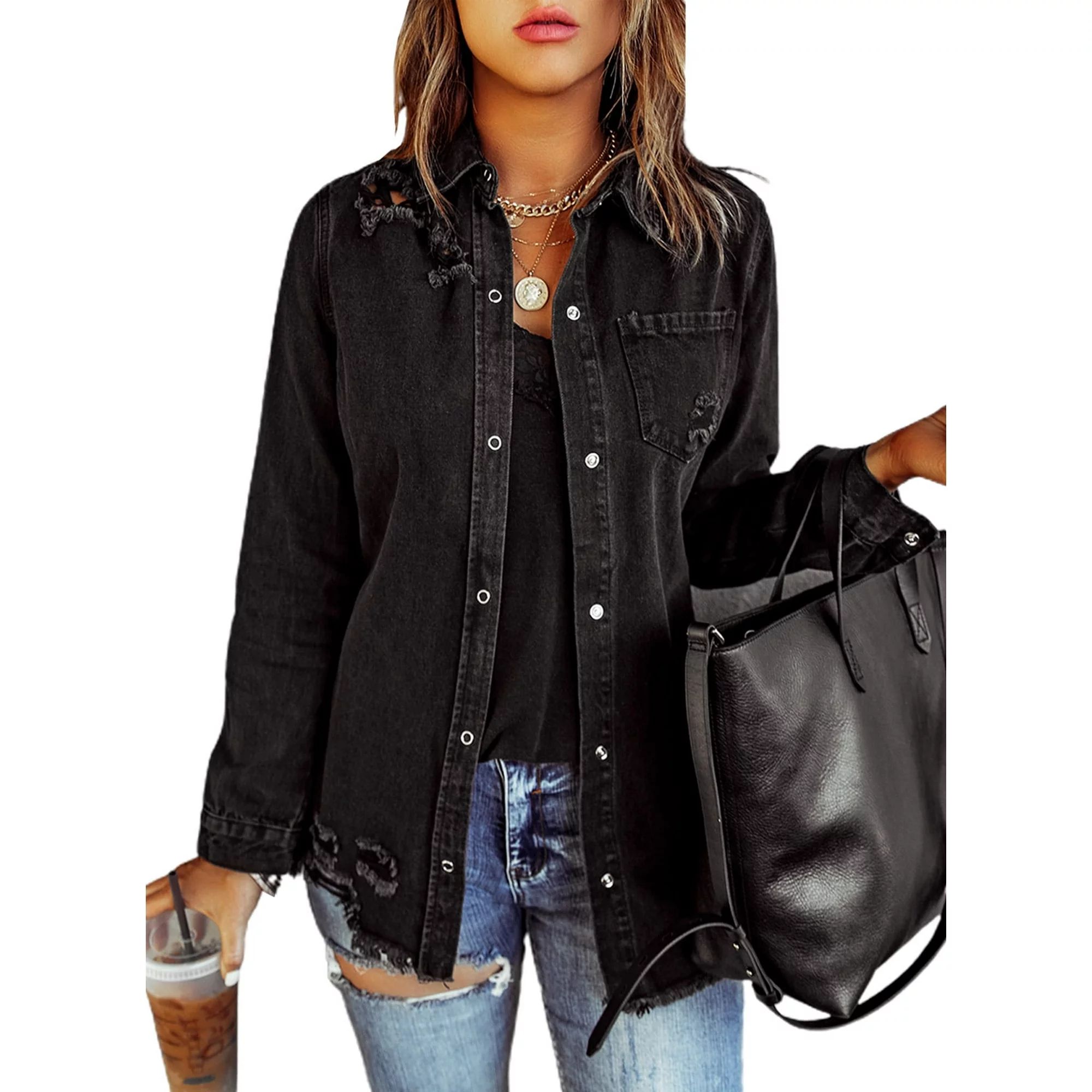 Chase Secret Women Denim Jacket Casual Long Boyfriend Distresse Jean Jacket Petite - Size L | Walmart (US)