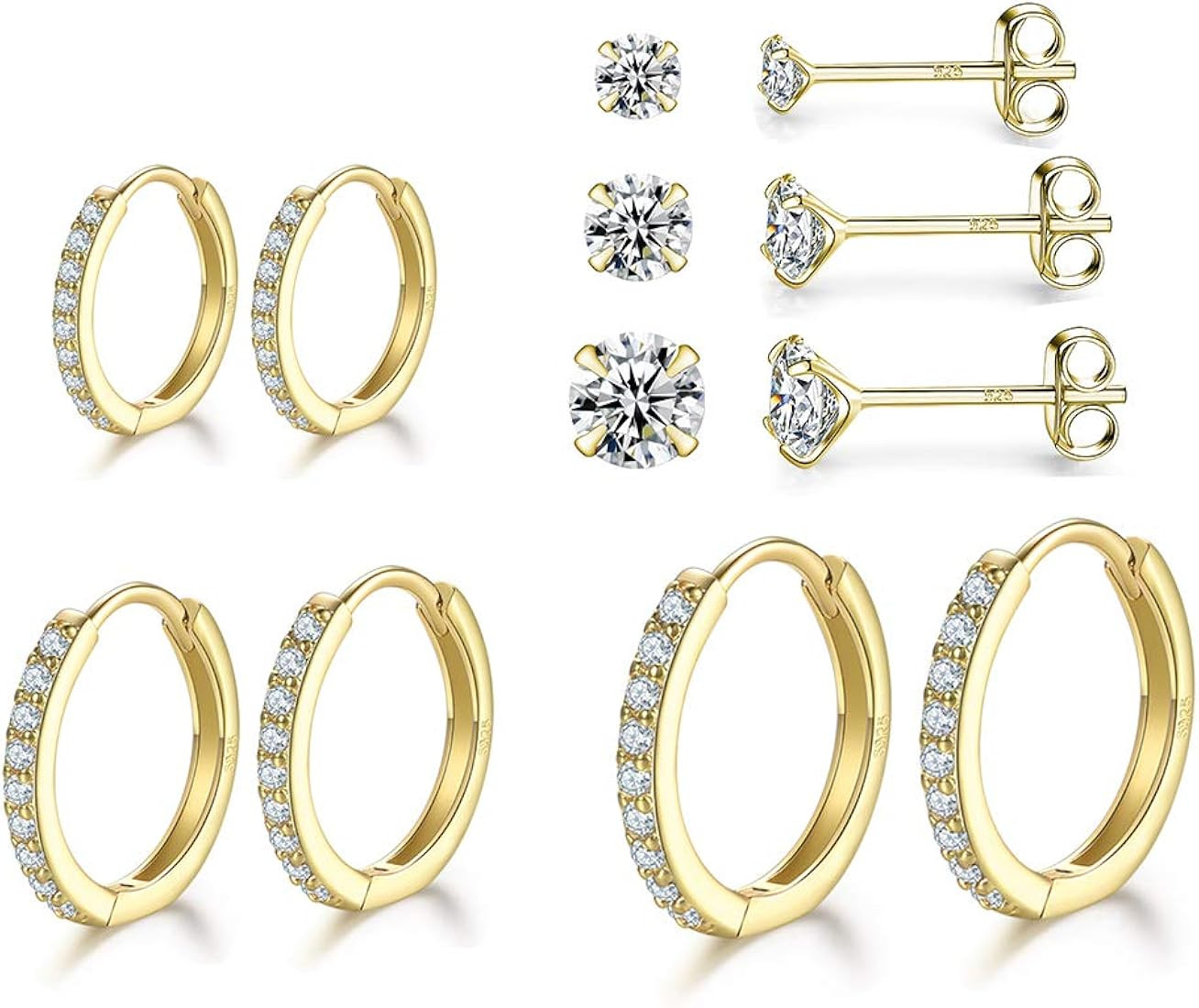 3 Pairs Sterling Silver Small Hoop Earrings Tiny Cartilage Earring Cubic Zirconia Cuff Huggie Ear... | Amazon (US)