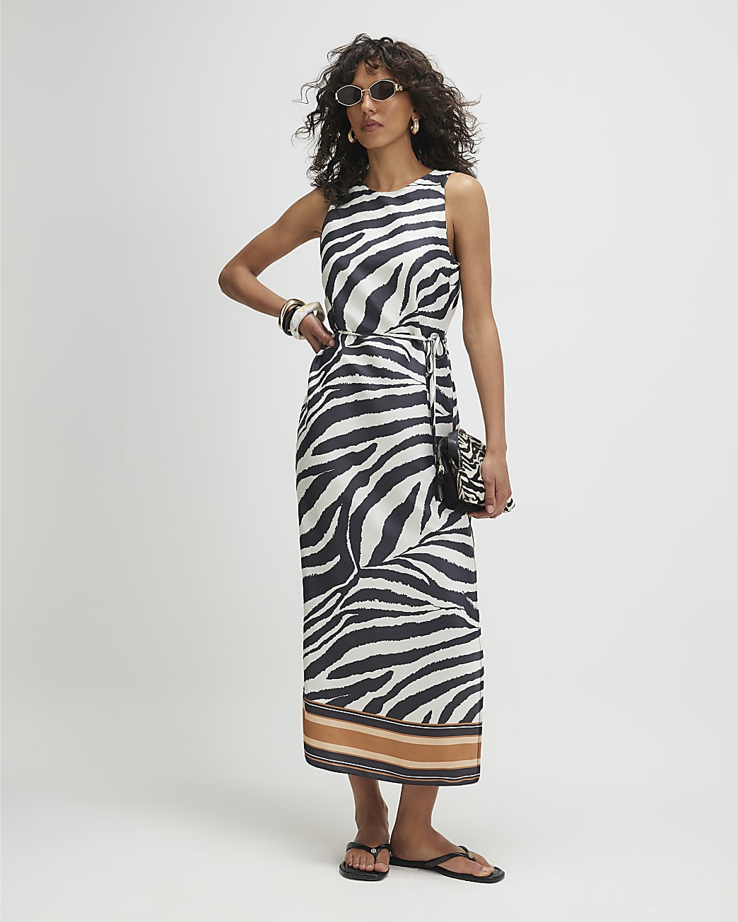 Cream Zebra Slip Midi Dress | River Island UK & IE
