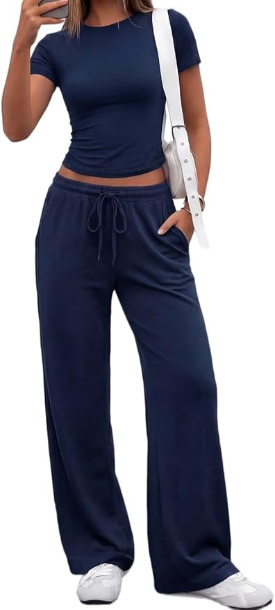 AYWA 2 Piece Lounge Sets for Women Fitted Tee Wide Leg Pants with Pockets | Amazon (US)