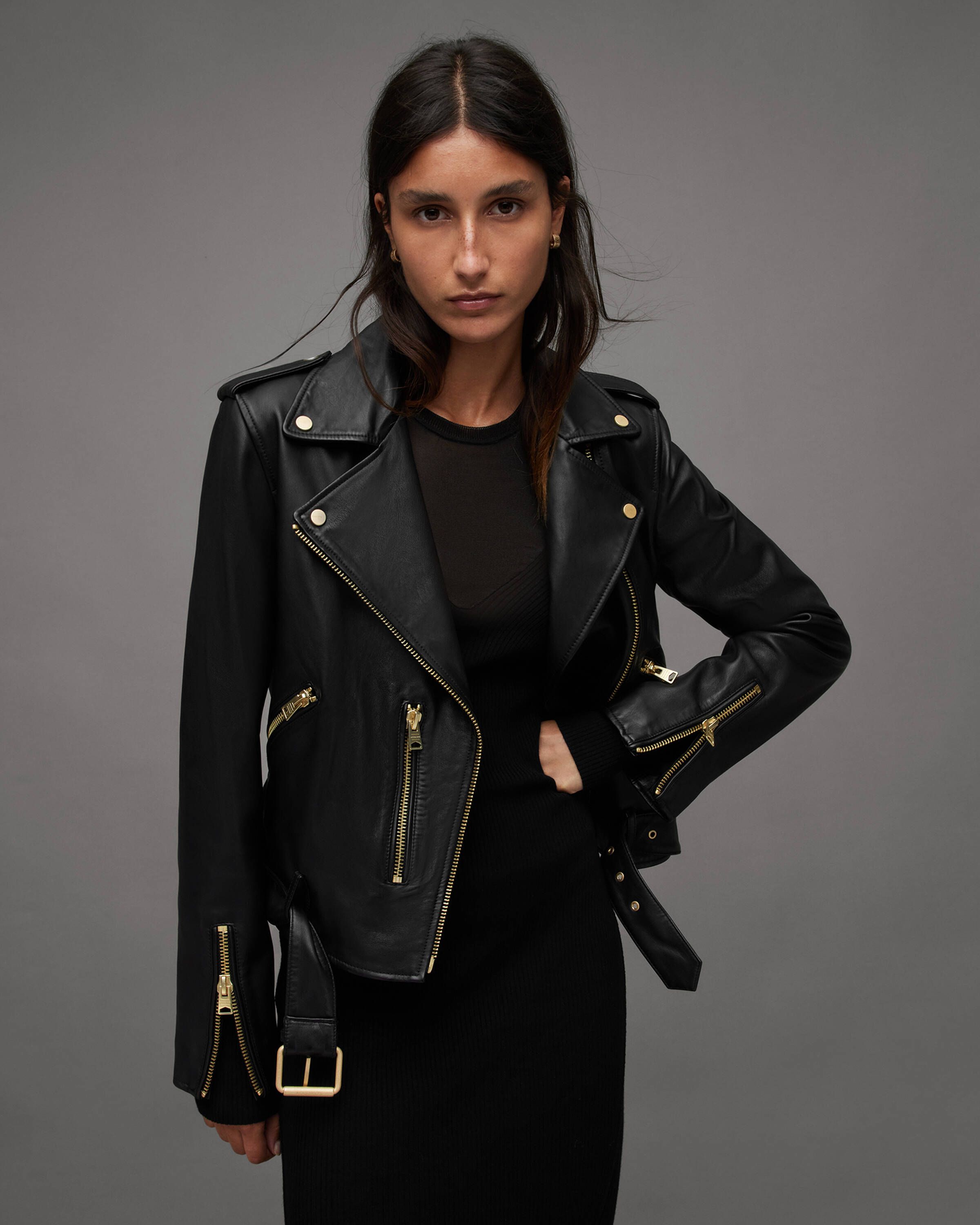 Balfern Belted Hem Leather Biker Jacket BLACK/GOLD | ALLSAINTS | AllSaints UK