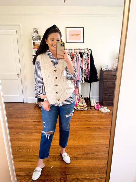 Work wear. Fall outfit. Sweater vest. Business casual. Walmart outfit. Fall style. Abercrombie jeans. Straight leg denim  

#LTKunder50 #LTKworkwear #LTKSeasonal