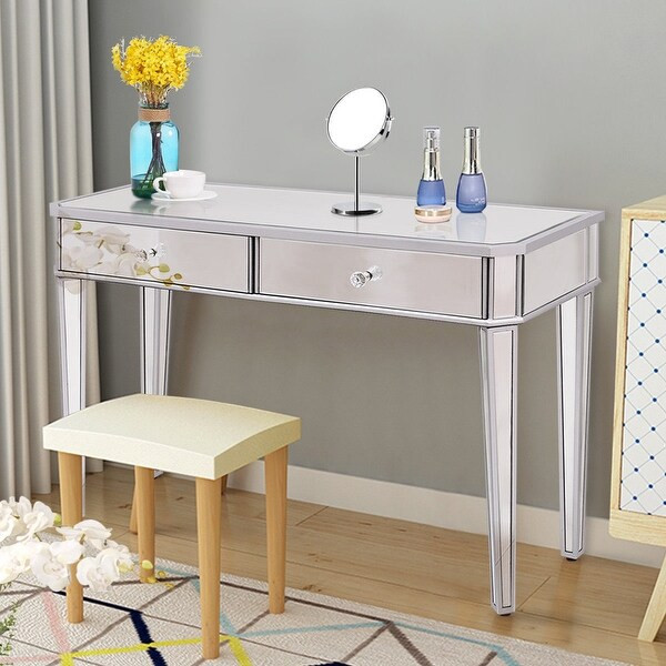 Costway 2 Drawer Mirrored Vanity Make-Up Desk Console Dressing Silver Glass Table Modern - Sliver | Bed Bath & Beyond