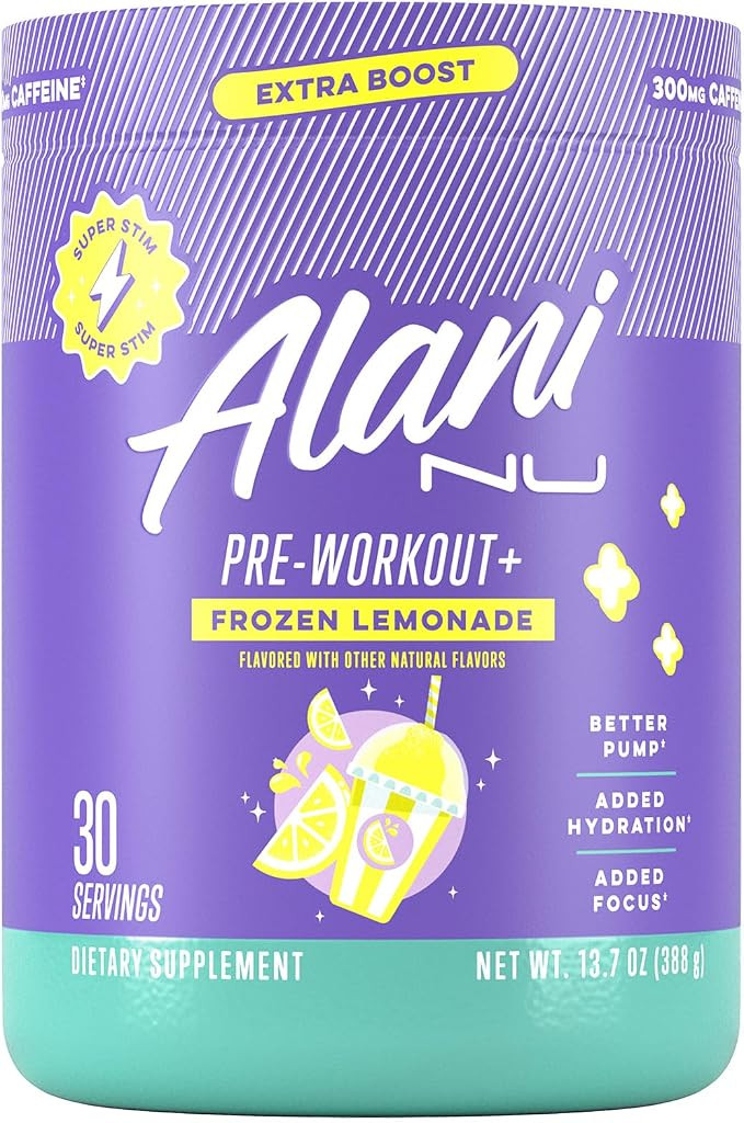 Alani Nu Pre Workout+ Powder Frozen Lemonade, Extra Boost, Sugar Free, 300mg Caffeine, L-Theanine... | Amazon (US)