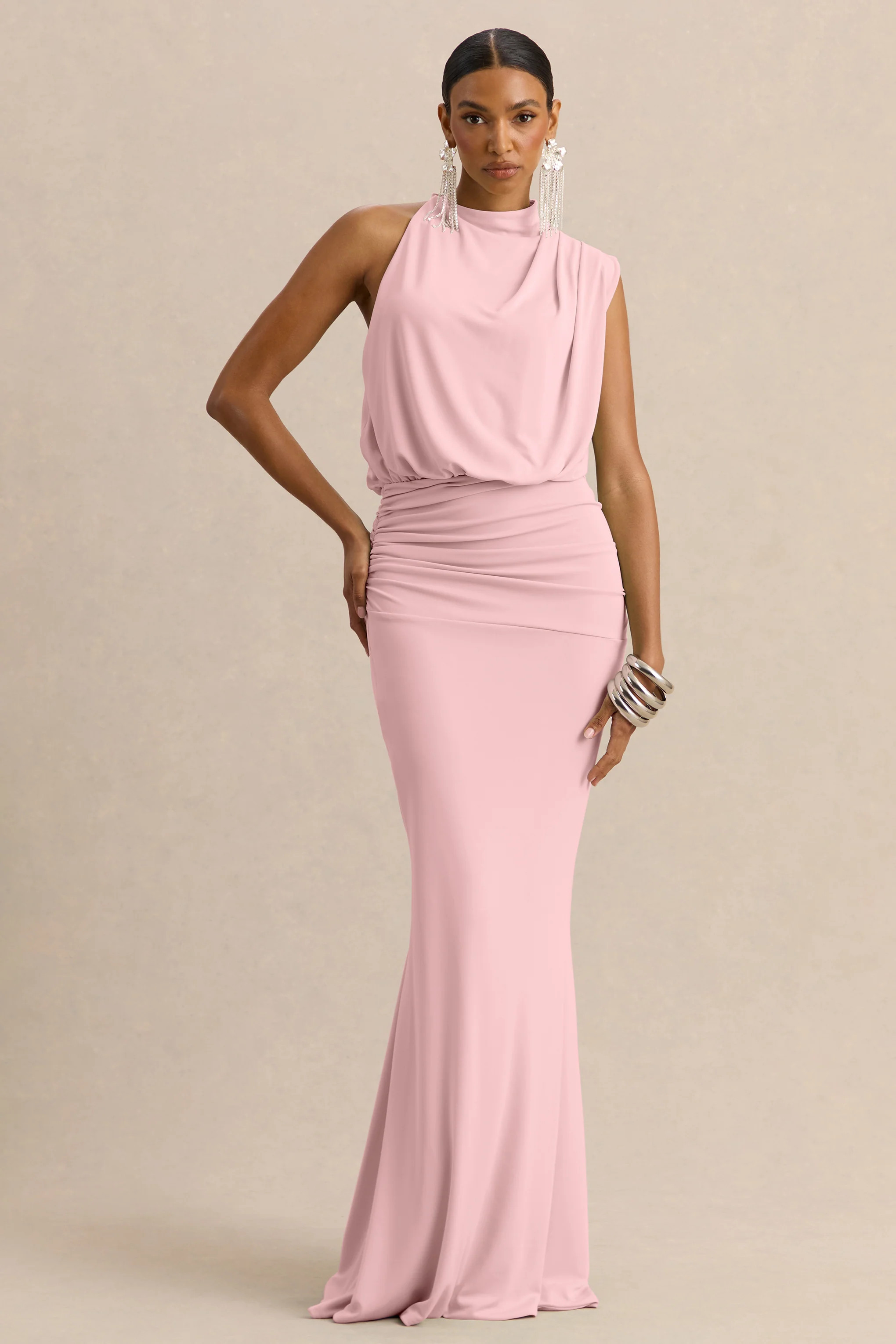Umaira | Light Pink High-Neck Maxi Dress | Club L London