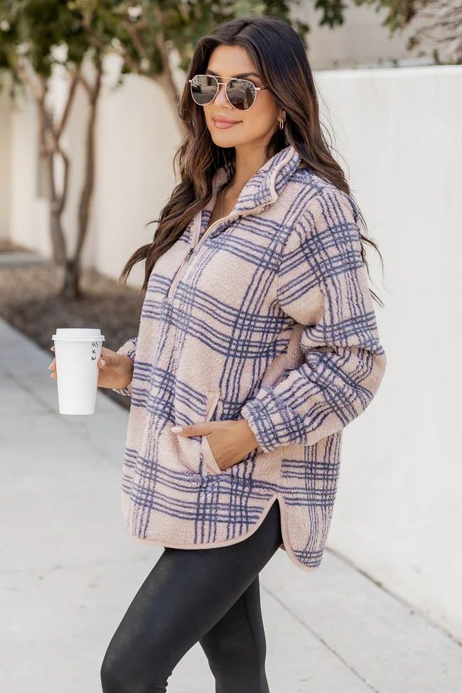 Stay A While Longer Beige Plaid Sherpa Pullover | Pink Lily