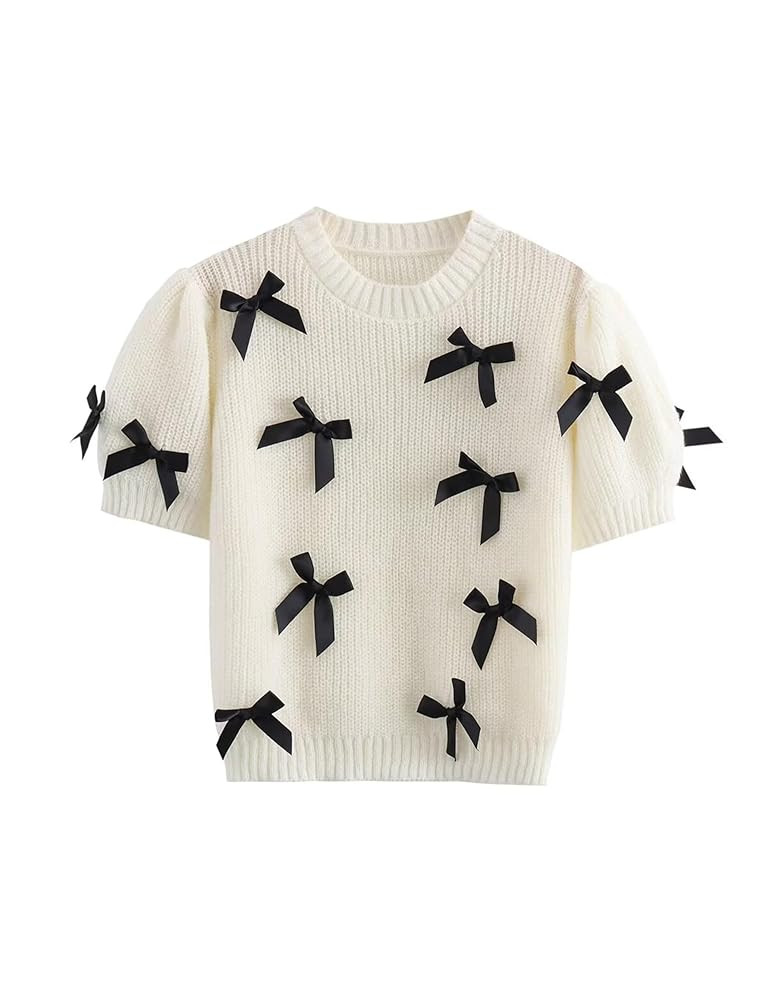 Women's Sweaters Knitted Crewneck Puff Bubble Short Sleeve Pullover Tops Casual Bow T Shirts Chic... | Amazon (US)