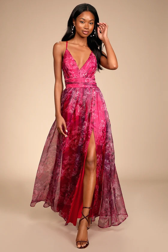 Romance That Wows Magenta Floral Print Organza Maxi Dress | Lulus