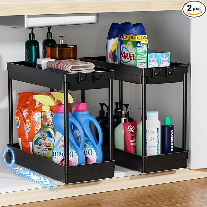 2 Pack Under Sink Organizer, 2 Tier Bathroom Cabinet Organizers and Storage with Hook, Multi-purp... | Amazon (US)
