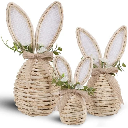 Guvpev Set of 3 Rattan Easter Bunny Decorations with Flowers, Handmade Woven Wicker Rabbit Statues, Neutral Farmhouse Spring Table Centerpiece Decor | Walmart (US)