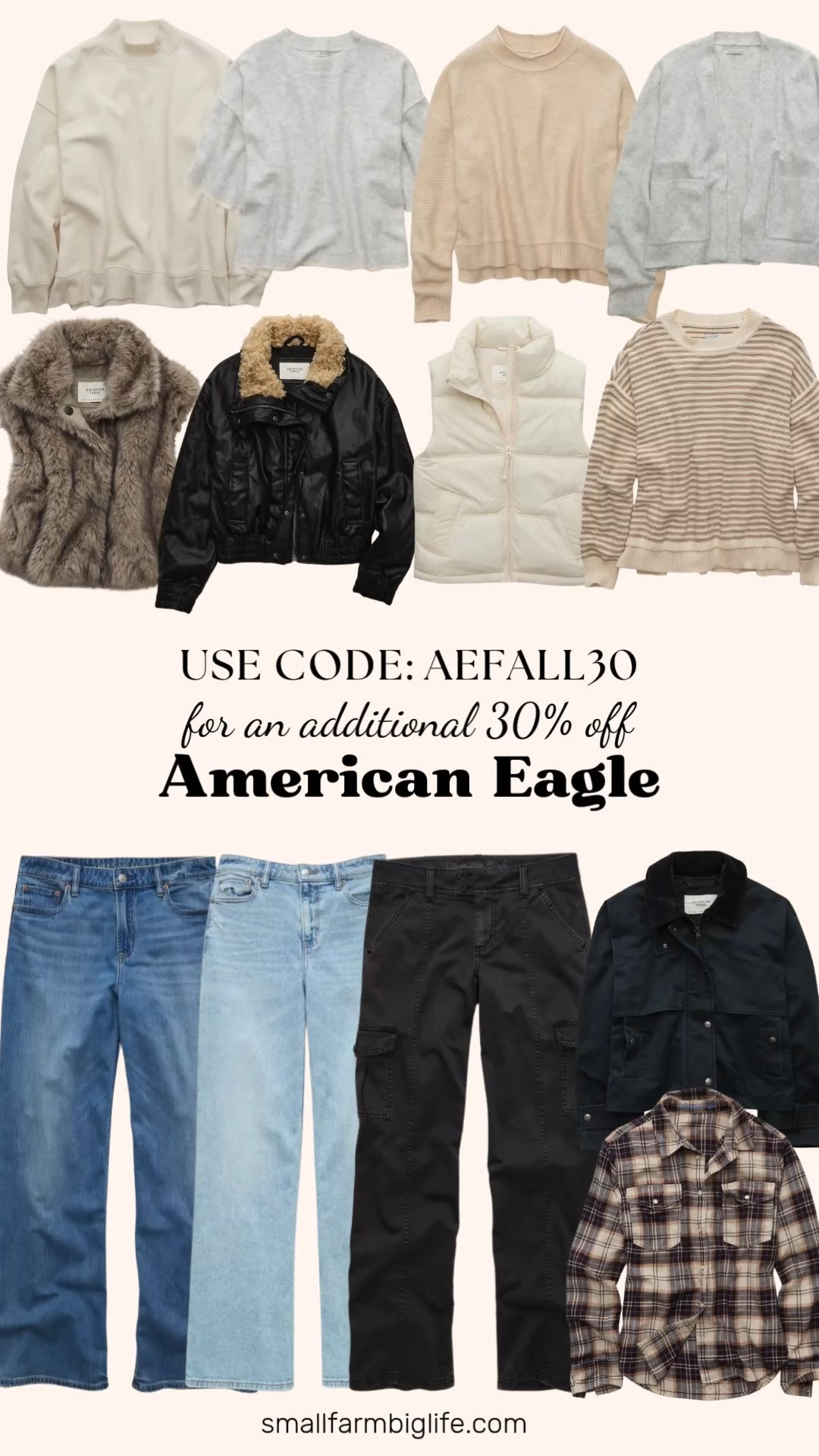 American Eagle's site wide sale is going strong, 30 to 50 percent off everything including new arrivals, and from 9/25 through 9/28 you can stack code AEFALL30 for an extra 30 percent off.

The medium bright indigo and salty air AE Super High Waisted Baggy Wide Leg Jeans are both easy denim staples for autumn outfits, and the faded black AE Low Rise Cargo Pant brings a fun, casual alternative to denim.

For outerwear, the cream AE Puffer Vest and the gray AE Faux Fur Vest are both cozy, easy layers, and the black with tan fur collar AE Fur Collar Vegan Leather Bomber Jacket makes such a statement. The darkest indigo AE Cropped Swing Workwear Jacket and the brown and tan plaid AE Throwback Flannel Button Up Shirt round out the outerwear with a fun, retro feel.

The heather frost AE Whoa So Soft Short Sleeve Sweater, the heather frost AE Whoa So Soft Cardigan, and the latte AE Whoa So Soft Cropped Sweater are all soft, cozy basics, and the chalk AE Everyday Luxe Mock Neck Sweatshirt and the tan and cream striped AE Oversized Crew Neck Sweater round out the layering options nicely for business casual workwear or a casual weekend.

Don't forget to use code AEFALL30 at checkout for an extra 30 percent off, all linked for you.

#americaneagle #fallfashion #falloutfits #autumnoutfits #sale 

 #LTKootd #LTKOver40 #LTKSaleAlert