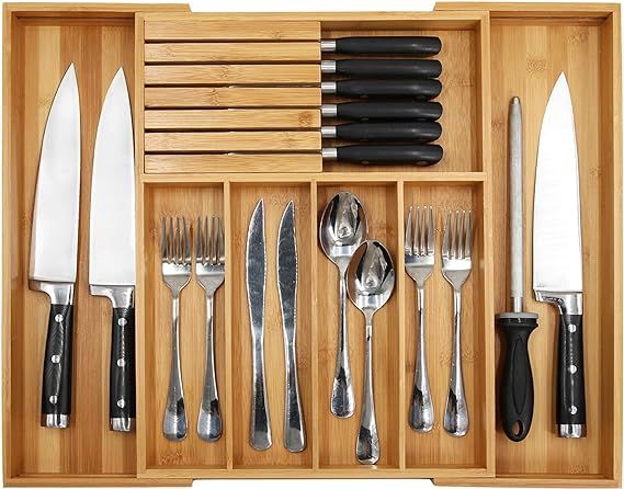 Bamboo Silverware Drawer Organizer Kitchen, Expandable Utensil Holder and Cutlery Tray with Divid... | Amazon (US)