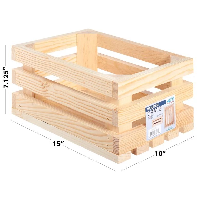 Unfinished Wood Slatted Crate, Brown, 7.15" High x 10" Wide x 15" Deep | Walmart (US)