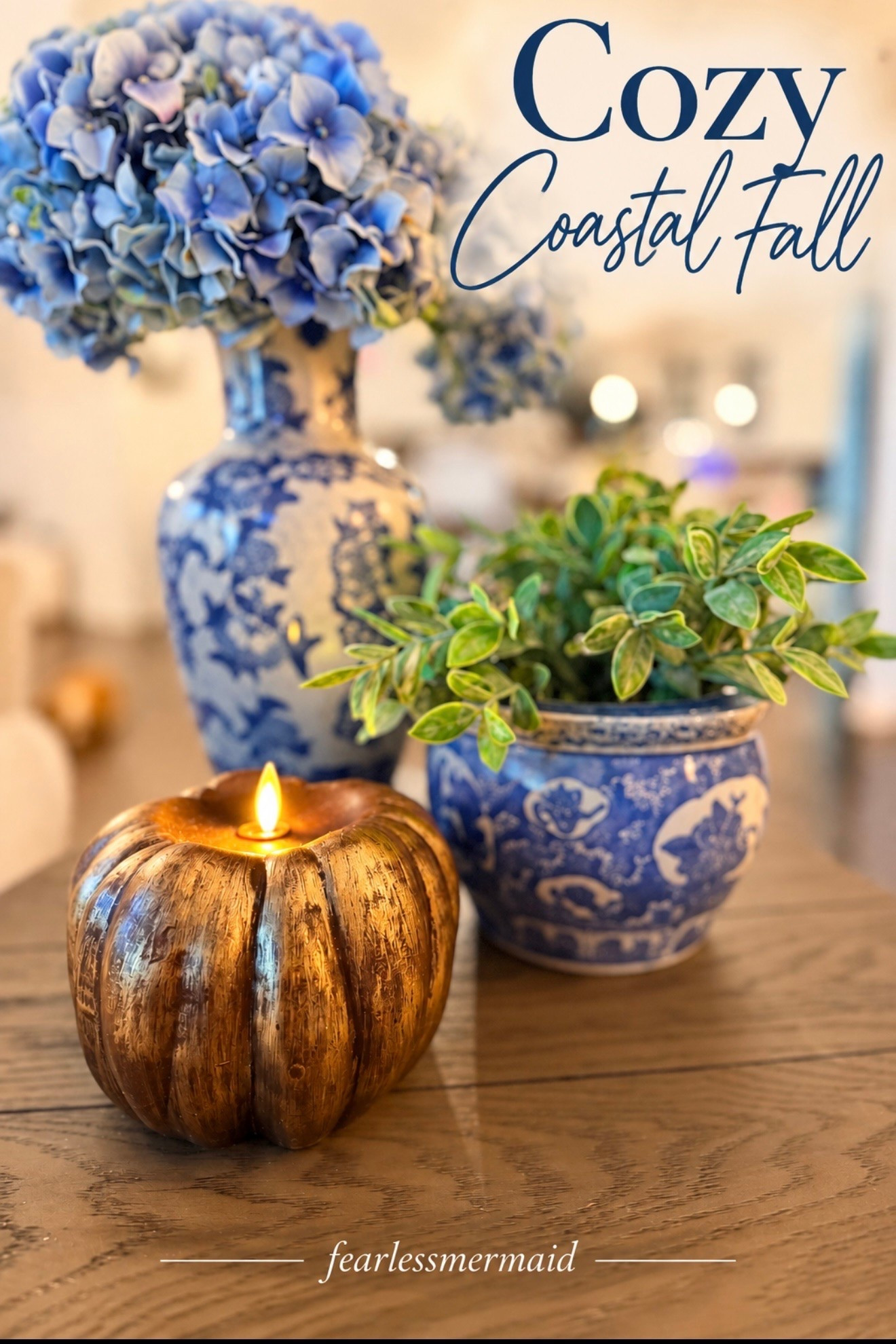 Bring a warm glow to coastal fall decor with this beautiful Luminara pumpkin flameless candle styled with blue hydrangeas and classic blue and white chinoiserie. I love mixing warm autumn accents with my favorite coastal blues for a softer take on fall decorating. Perfect inspiration for coastal grandmother style, blue and white fall decor, cozy fall home decor, chinoiserie decorating, flameless candles, fall centerpiece ideas, coastal cottage decor and elegant autumn decorating.

Shop now at Luminara.com and enter my code fearlessMermaid10 for 10% off. #ad

#LTKSeasonal #LTKHome