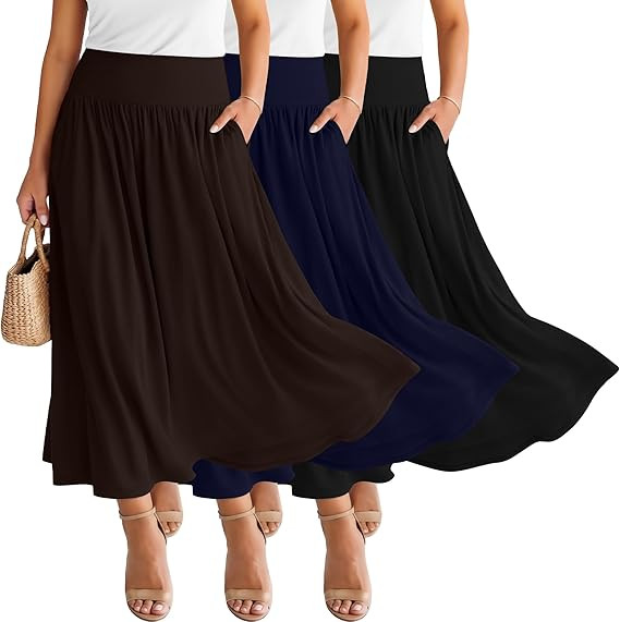 Ficerd 3 Pack Plus Size Maxi Long Skirts for Curvy Women, Ankle Length a Line Pleated High Waiste... | Amazon (US)