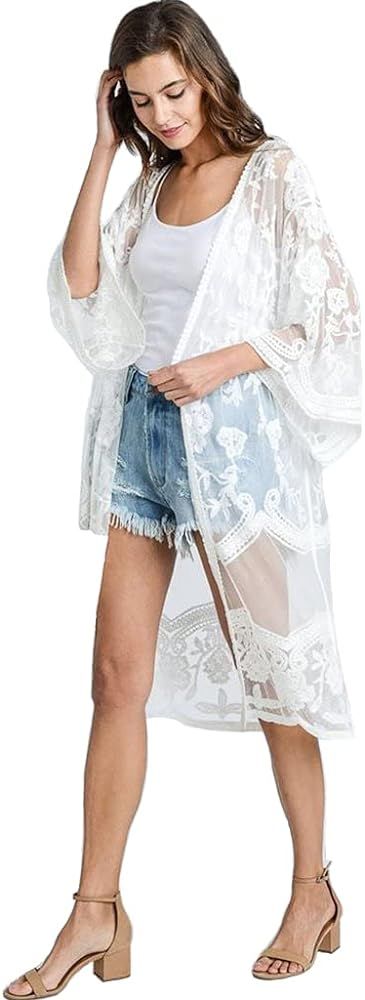 Women's Beach Cover lace Sexy See-Through Sunscreen Cardigan Beach Dress Open Front Long Kimono C... | Amazon (US)