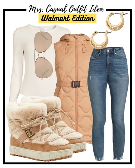 Long puffer vest Walmart winter outfit idea. Obsessed with these warm cozy boots #walmartpartner @walmartfashion #walmartfashion 

#LTKunder50 #LTKSeasonal #LTKstyletip