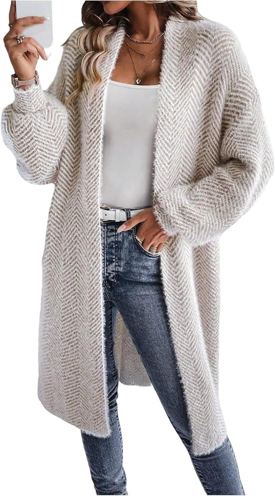 WDIRARA Women's Open Front Long Cardigan Sweaters Long Sleeve Loose Knit Outerwear | Amazon (US)